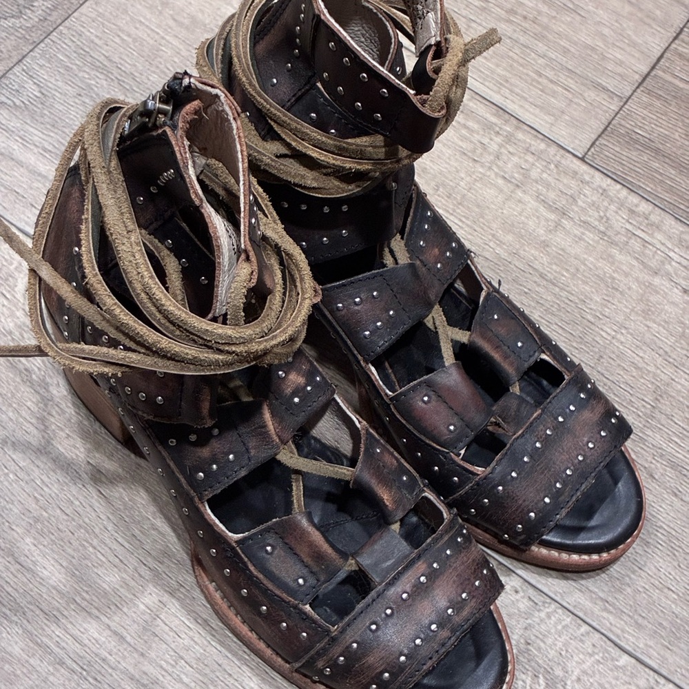 Freebird by Steven Distressed Brown Studded Lace-Up Sandals - Picture 2 of 11